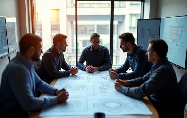 Team of telecom engineers collaborating in office, Horizon Telecom Design Solutions