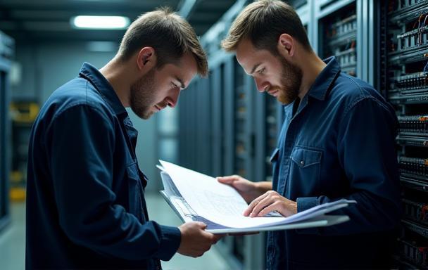 Technicians installing telecom equipment and managing network blueprints